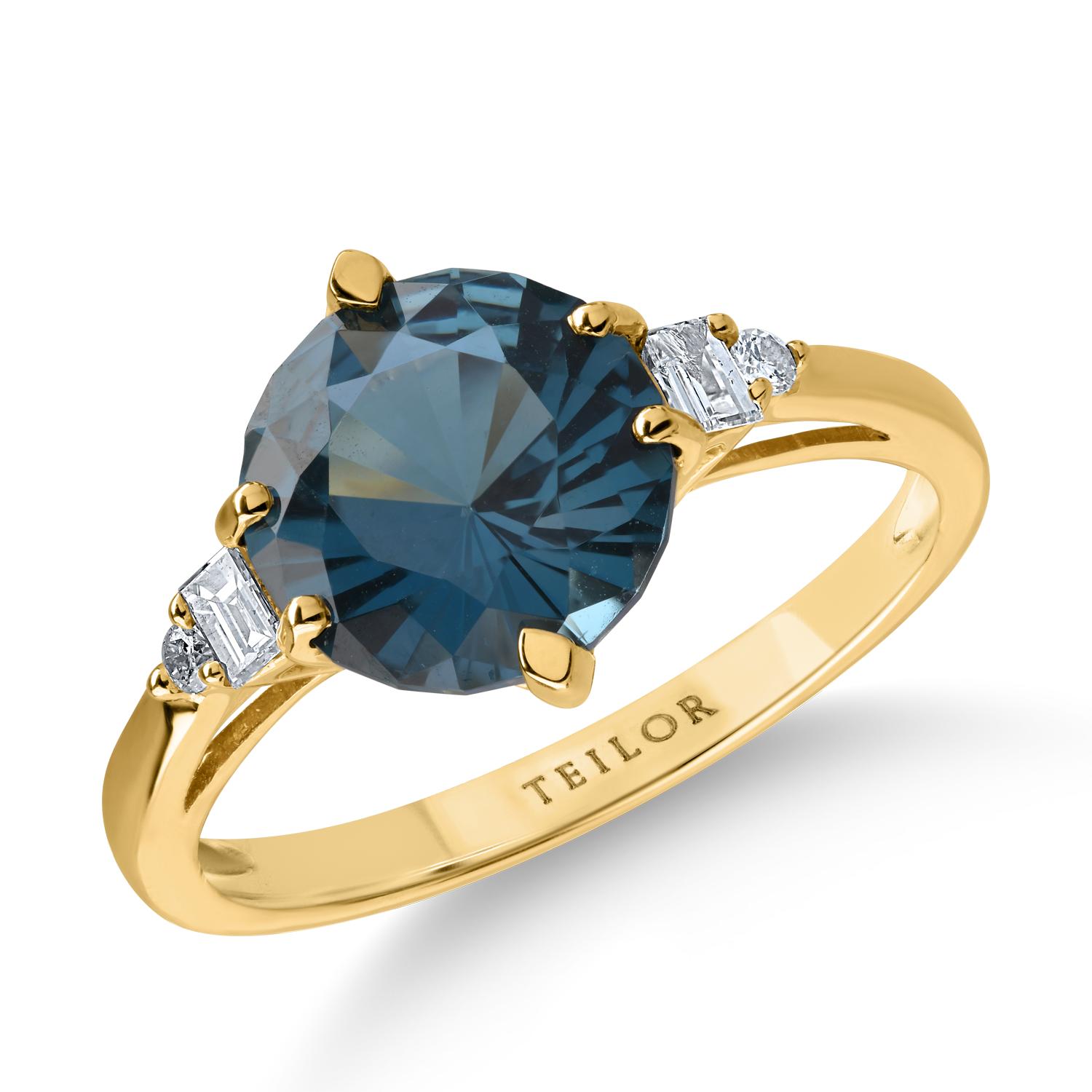 Sárga arany gyűrű 3.26ct Londoni kék topázzal és 0.12ct gyémántokkal